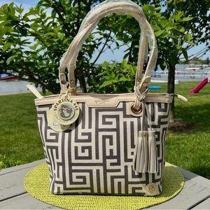 Spartina 449 “De Renne” Island Tote with tassels NWT. Gray and Cream stripes